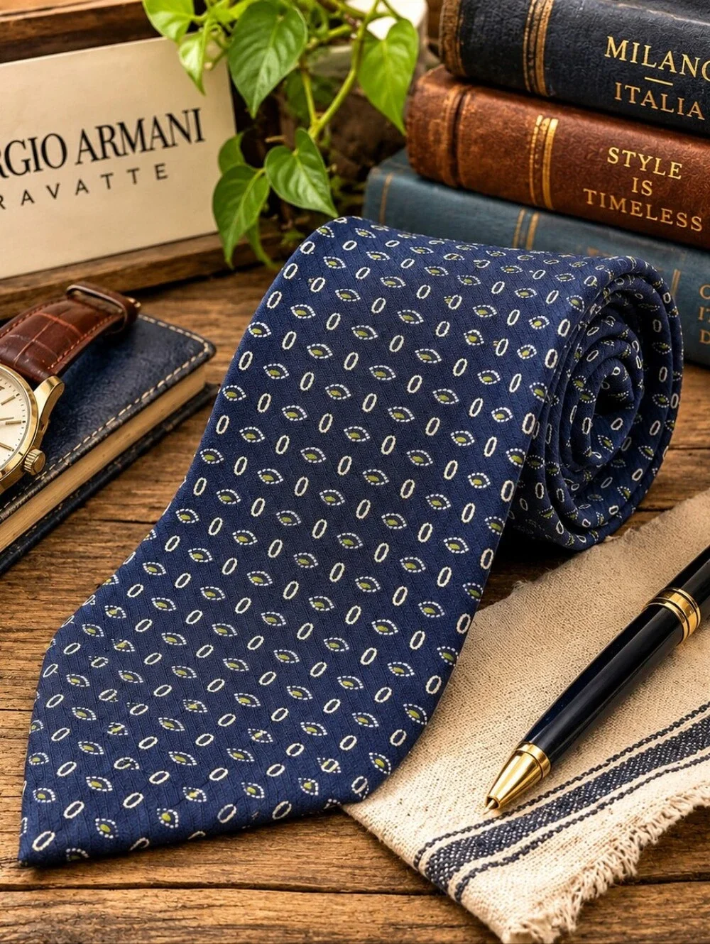 Vintage Giorgio Armani Cravatte 100% Silk Tie Made in Italy Navy Geometric